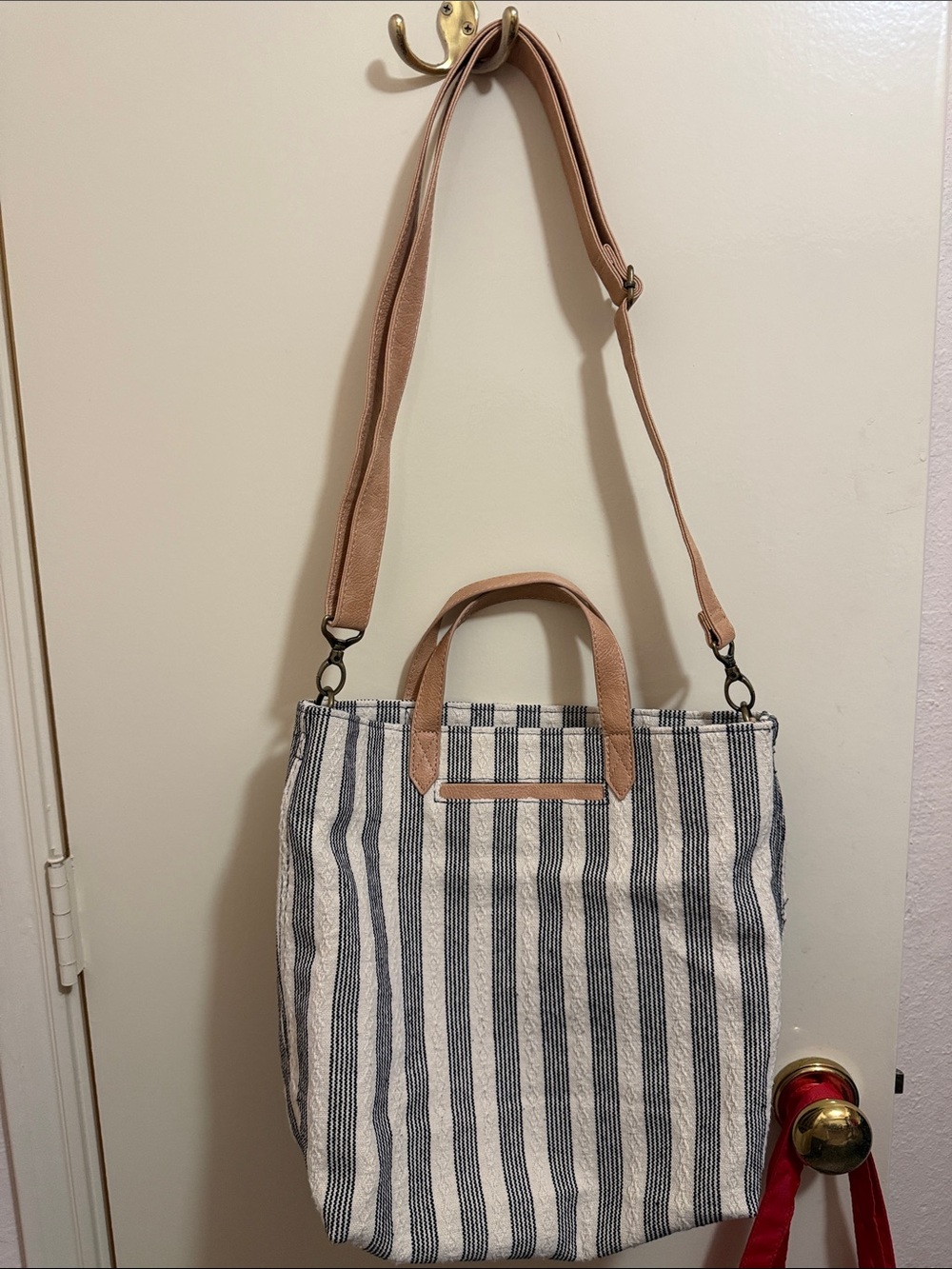 Thirty-One Striped Canvas Tote with Tan Trim
